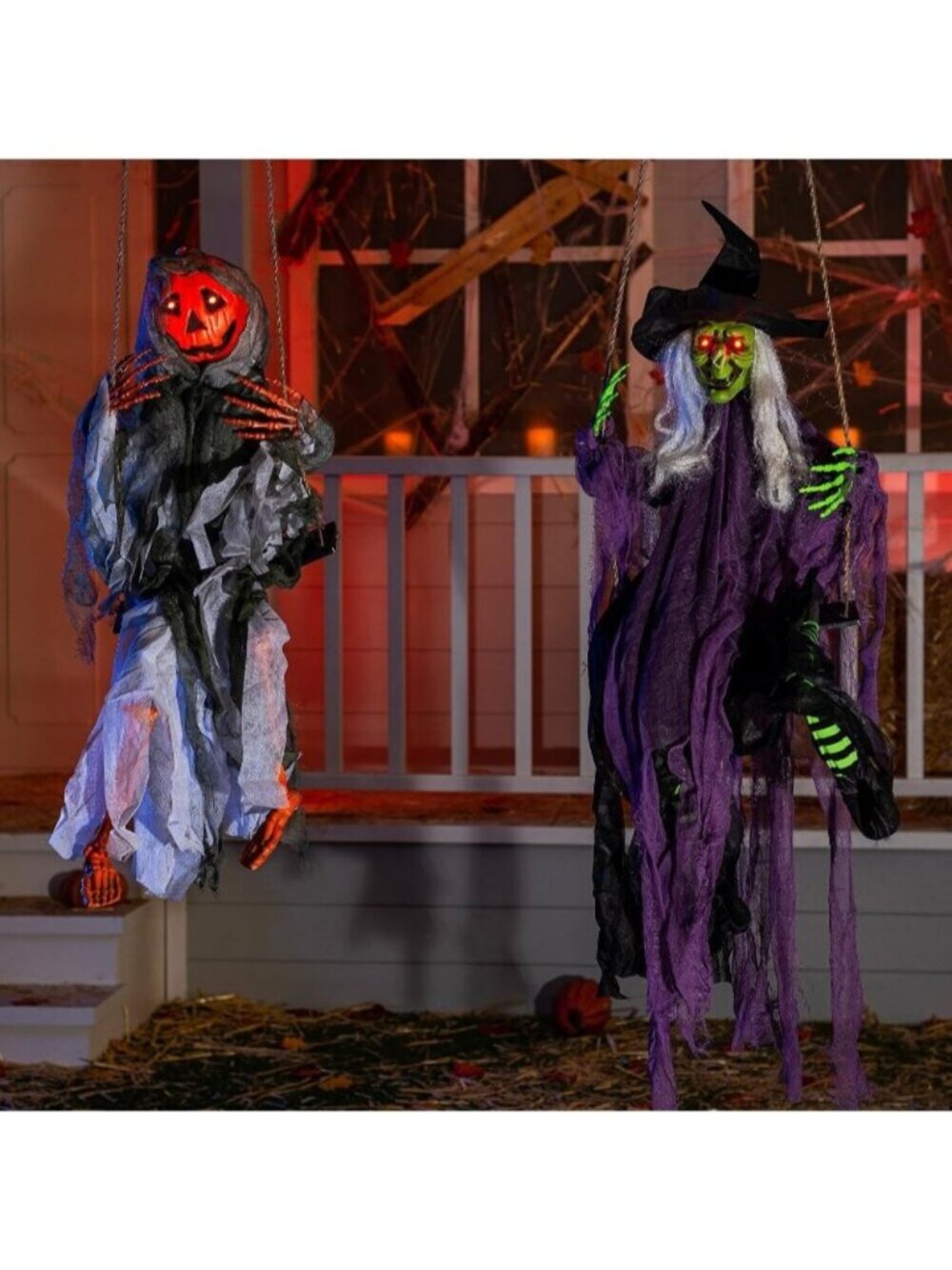 2 Pcs Halloween Hanging Swinging Ghost Decoration Witch Pumpkin Face Lighted Eye